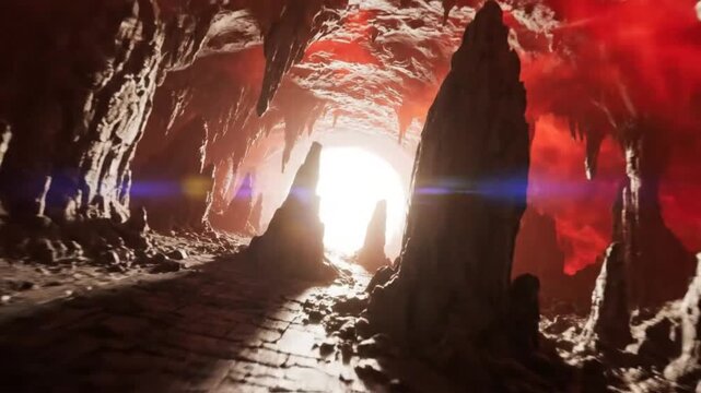 Epic and ominous cavern interior revealing bright light, dramatic rock formations, and red atmosphere