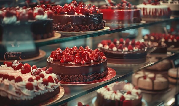 Premium selection of gourmet cakes arranged beautifully in a glass display case