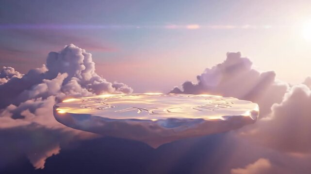 A silver platform floats in a peach cloudscape with sunlight streaming through the clouds and illuminating platform