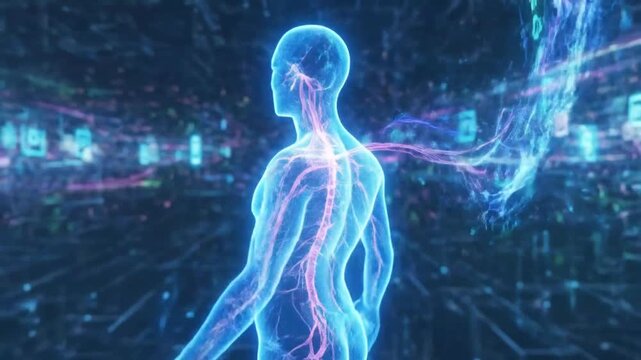 Futuristic Human Body Visualization with Digital Neural Network Elements for Technology and Bioinformatics Narratives