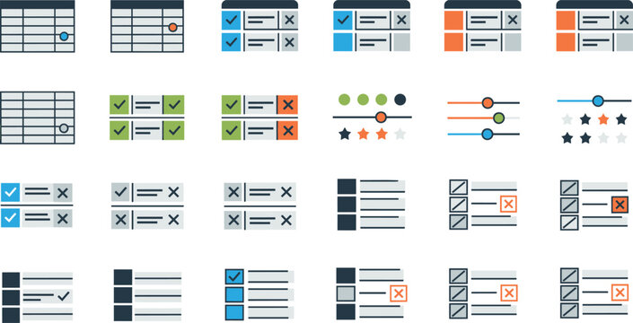 Business management icon set with colorful data tables digital checklists progress sliders and task organization vector interface symbols
