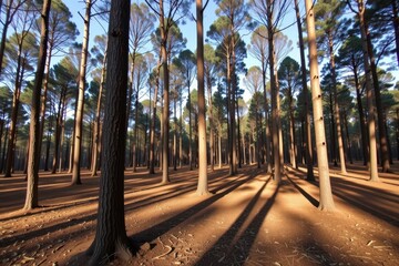 A serene forest scene with tall trees casting long shadows on the ground, creating a tranquil and inviting atmosphere.