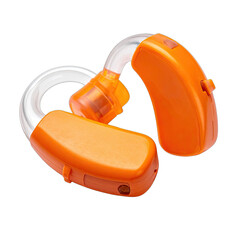 Vibrant orange behind-the-ear hearing aid device isolated on a black background.