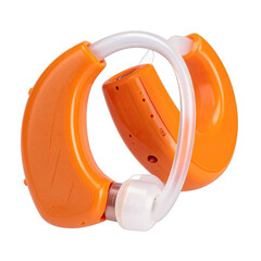 Close-up of a bright orange behind-the-ear hearing aid device against a stark black background.