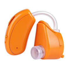 A vibrant orange behind-the-ear hearing aid device isolated on a black background.