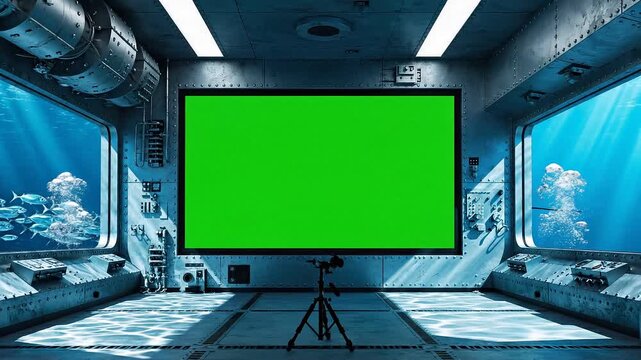 A video of a futuristic green screen studio with a camera on a tripod on transparent background