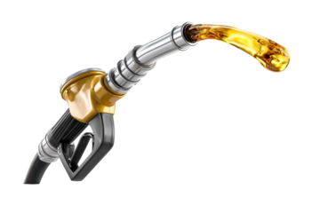 Fuel pump nozzle angled downward with metallic spout, black handle and trigger, and a flowing stream of golden gasoline with realistic reflections and smooth liquid highlights isolated on transparent 