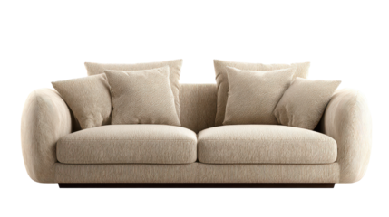 Beige modern couch with rounded armrests, two large back cushions, soft woven fabric texture, clean silhouette, and subtle realistic shading isolated on transparent background.