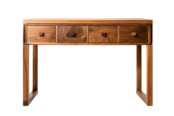 Wooden console table with drawers, natural warm wood grain, simple metal hardware, clean rectangular silhouette, and subtle realistic shading isolated on transparent background.