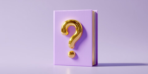 glossy lavender notebook with a glowing gold question mark rising from open pages against a solid soft mint green background