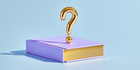 glossy lavender notebook with a glowing gold question mark rising from open pages against a solid soft mint green background