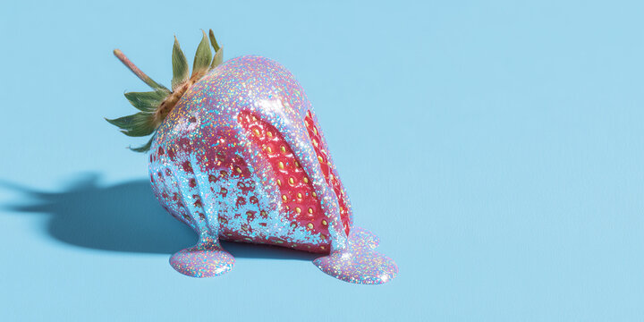 surreal kitsch product shot featuring a metallic chrome strawberry dripping with iridescent holographic glitter glaze centered against a solid pastel blue background.