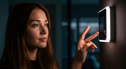 Young woman touching digital smart home control panel. Modern technology for managing house automation power and security.