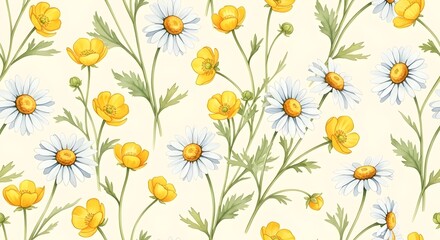 Contemporary watercolor white anemones and coral poppies on mist yellow