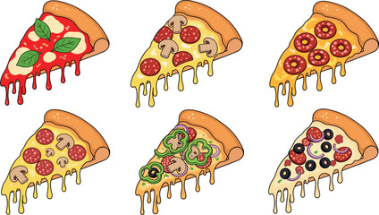 Cartoon dripping cheese pizza slices with various toppings vector illustration set for fast food design