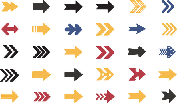 Collection of colorful right facing arrows isolated on transparent background