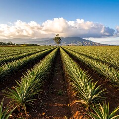 Pineapple field stretches toward a tree and mountains beneath a blue, cloud-filled sky at golden hour