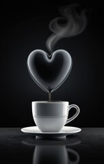 heart pouring coffee into white cup, dark background, steam, concept of love coffee, copyspace