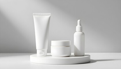 Minimalist white cosmetic bottles and jar arranged on a pedestal with soft light and shadow