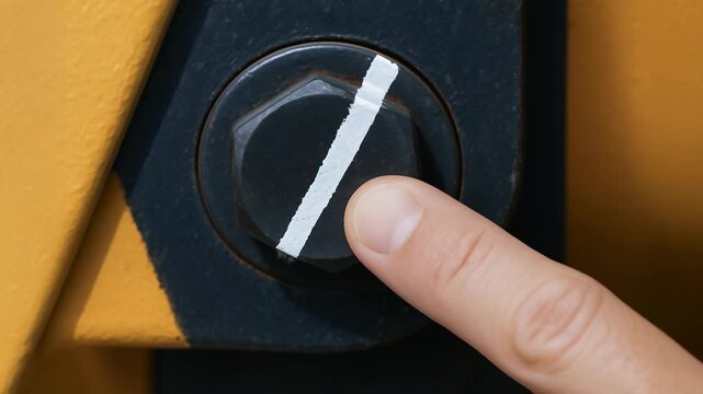 Finger bolt stripe safety mark crane maintenance check fingertip torque inspection of large steel bolt nut with white stripe for industrial