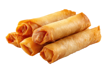 Small set of fried spring rolls arranged in a neat line with crunchy blistered wrapper texture, warm golden color, and crisp squared ends isolated on transparent background.