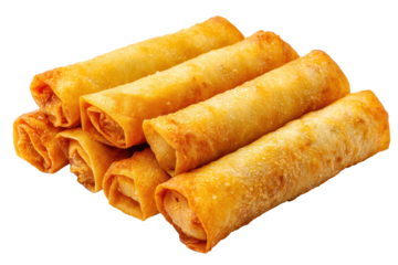 Small set of fried spring rolls arranged in a neat line with crunchy blistered wrapper texture, warm golden color, and crisp squared ends isolated on transparent background.