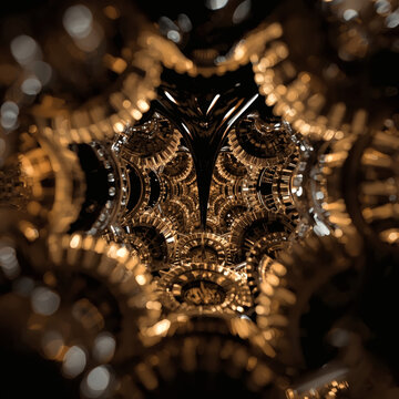 Worm's Eye View from Inside a Complex Golden Gear Mechanism with Falling Black Oil (generative ai)