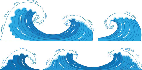 Cartoon ocean wave vector set with dynamic splashes for sea water surf design © REYAD