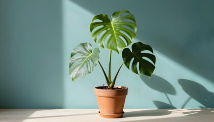 Fototapeta premium Monstera deliciosa plant in terracotta pot with dramatic light and shadow on teal wall