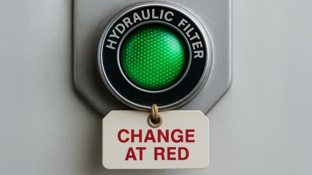 Hydraulic filter control panel warning safety sign industrial machine alert button green indicator crane maintenance caution tag change at red