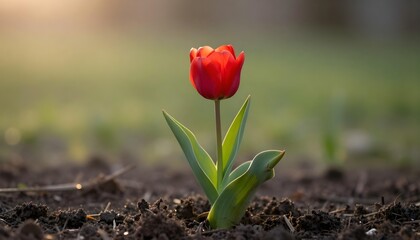 Obraz premium Single red tulip emerging from dark soil with soft morning light illuminating the petals