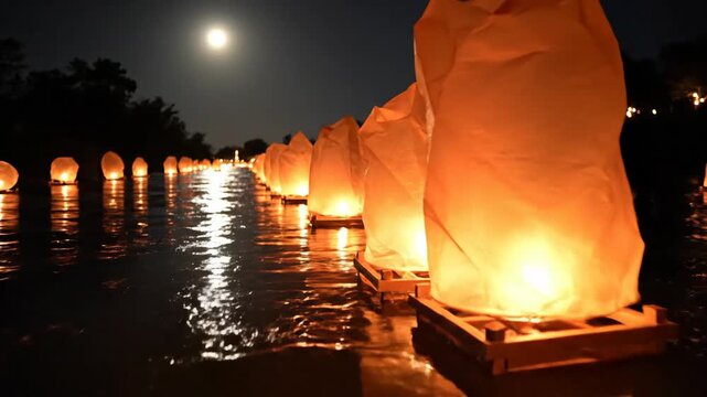 Floating Paper Lanterns Down a River at Night under the Moon