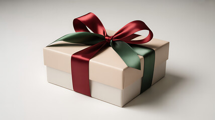 Obraz premium Beautiful gift box with red and green ribbon on gray background transparent background