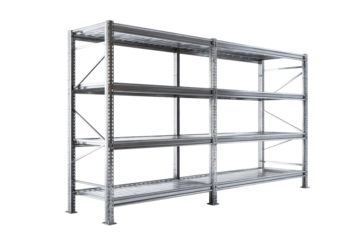Metal warehouse storage rack shelving unit with multiple tiers, industrial steel frame, sturdy beams, and subtle depth shading isolated on transparent background.