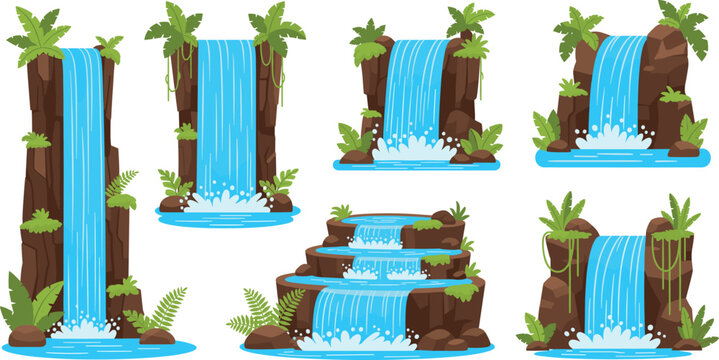Cartoon waterfall vector set with rocks and tropical plants for nature landscape design