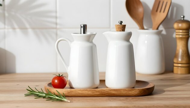 White ceramic cruets with tomato and rosemary on a wooden tray in a kitchen