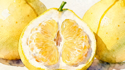Close-up Watercolor Illustration of Fresh Pomelo