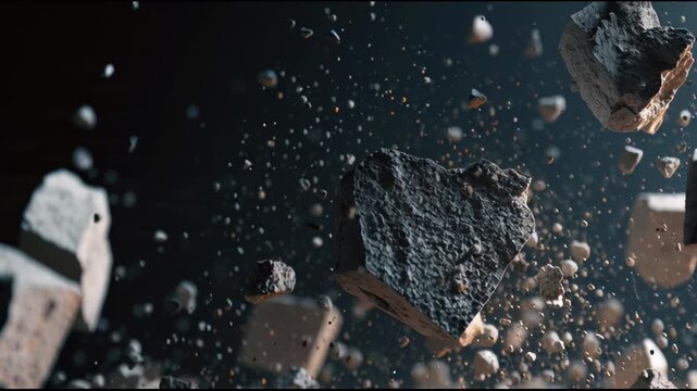Broken Concrete Debris Floating in Slow Motion Cinematic Background