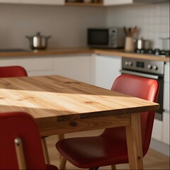 Cozy Rustic Kitchen Interior, Tableware on a Solid Wooden Dining Table, red chairs, dining room