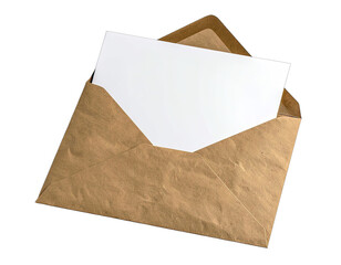 A blank white card peeking out from a textured brown kraft paper envelope against a black background.