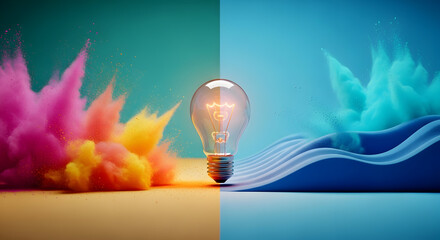 Colorful Powder Explosion Around Glowing Light Bulb