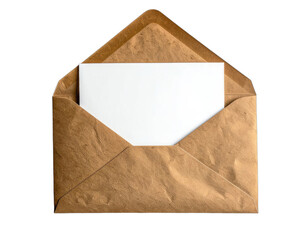 An open, textured brown kraft paper envelope revealing a blank white card against a black background.