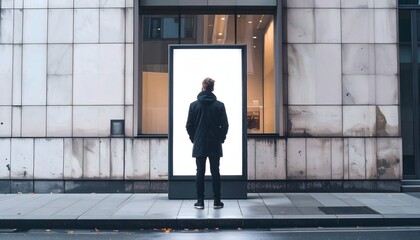 Cinematic outdoor mockup of a person standing in front of a large blank white glowing billboard on a modern urban city street