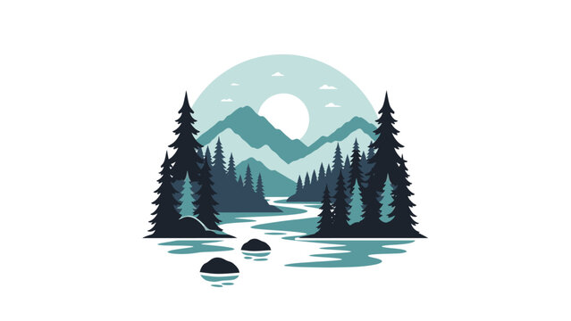 Illustration of a serene landscape with a river, trees, mountains, and a full moon in a flat, graphic style against a white background.
