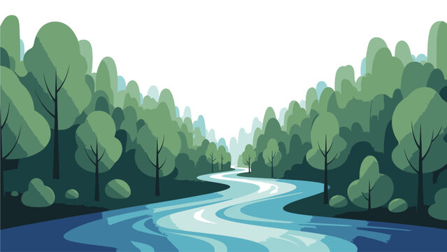 Illustration of a serene river flowing through a lush forest with vibrant green trees under a bright white sky.