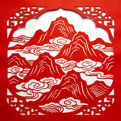 Traditional Red Paper-cut Mountain Decoration Painting