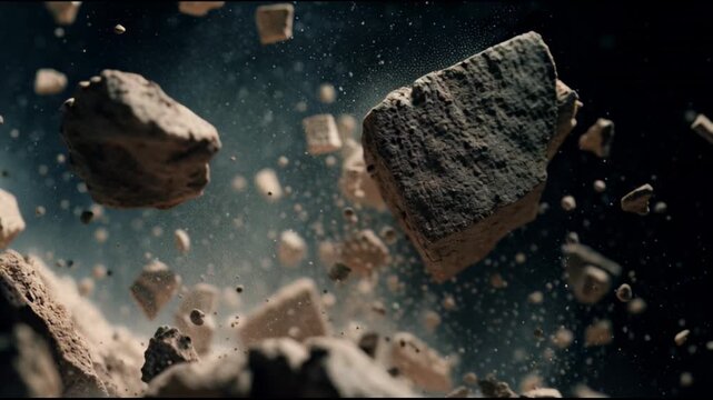 Broken Concrete Debris Floating in Slow Motion Cinematic Background