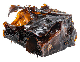 A close-up studio shot of a piece of dark, glossy amber-colored natural resin against a black background.