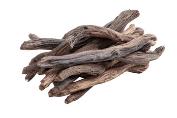 Bundle of driftwood sticks and branches with twisted natural shapes, rough weathered bark texture, and gray brown sun bleached tones in a small piled arrangement isolated on transparent background.