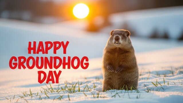 Groundhog standing in snowy field with Happy Groundhog Day text woodchuck rodent